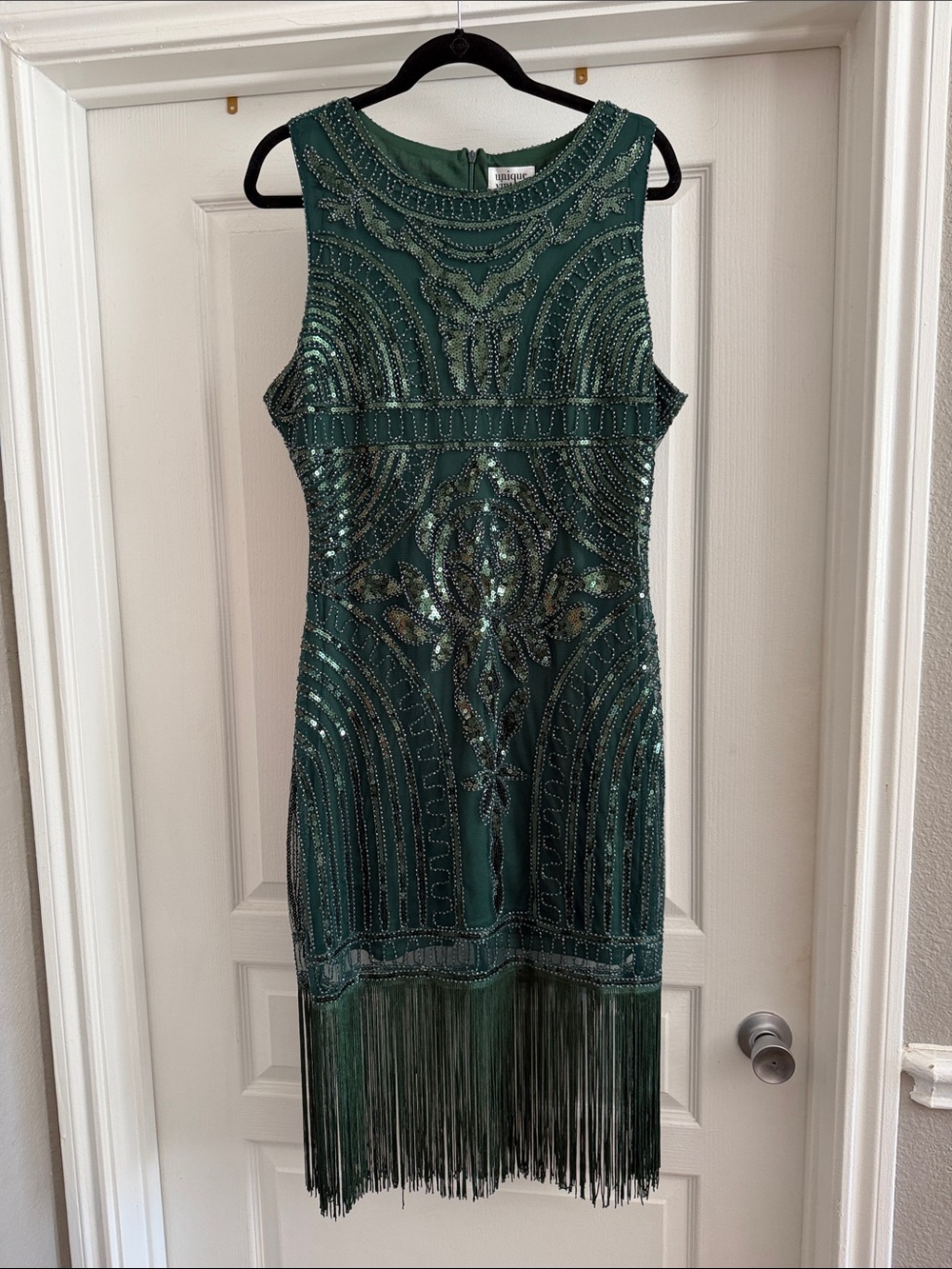 Unique Vintage Dark Green Beaded Fringe Midi Dress